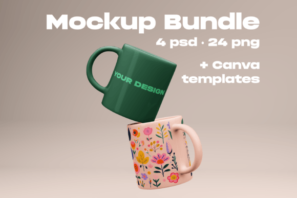 4 White Mug Mockup Bundle: Canva & PSD Perfection