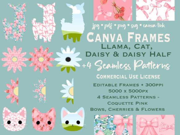 Unleash Your Brand's Whimsy with Llama Daisy Cat Canva Frame, Bow Pattern
